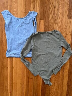 Free People Shirt Bundle Light Blue Tank with Olive Green Bodysuit NWOT size M/L